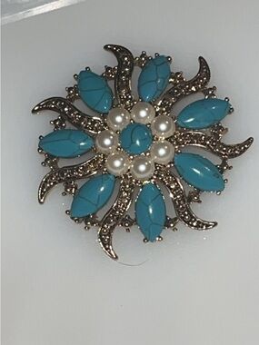 Vintage MONET Turquoise & Faux Pearl Statement Brooch Pin 2”